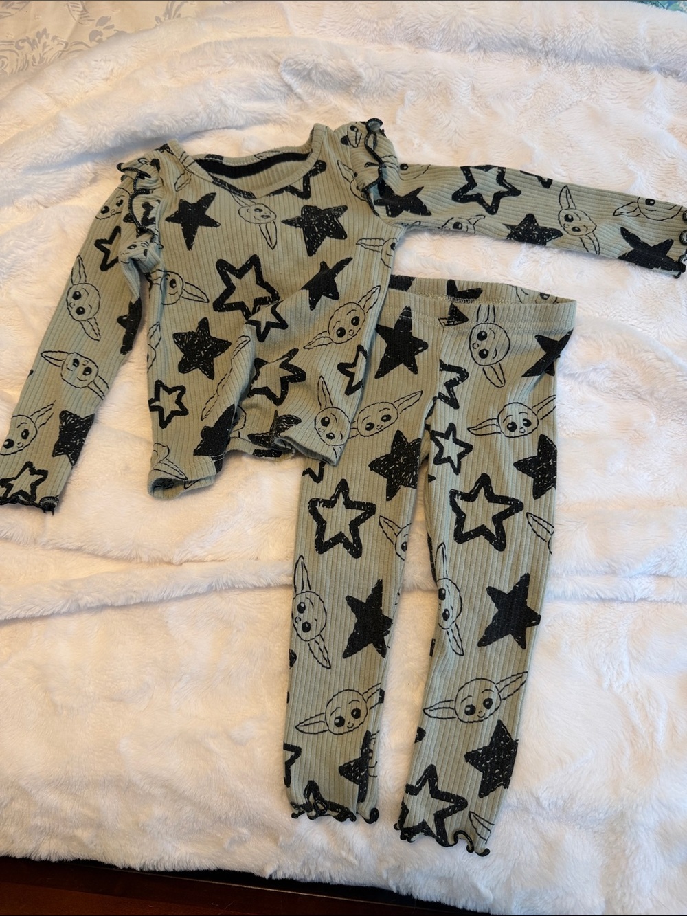 Star Wars Grogue Green Ribbed Kids Pajama Set with Black star  Print
